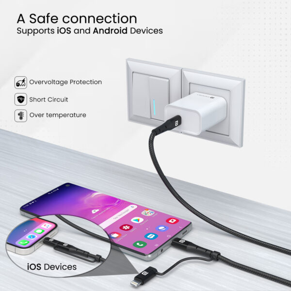 Portronics Lightning Cable 2 A 1.2 m Konnect J6 60W 2-in-1 (Type C to 8 PIN + Type-C)  (Compatible with Smartphones, Tablet, Black, One Cable) - Image 3