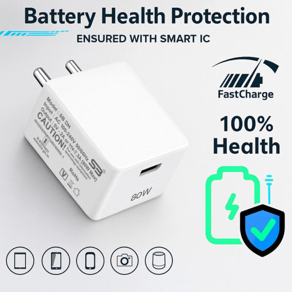 SB 80 W SuperVOOC 7.3 A Wall Charger for Mobile with Detachable Cable  (White, Cable Included) - Image 2