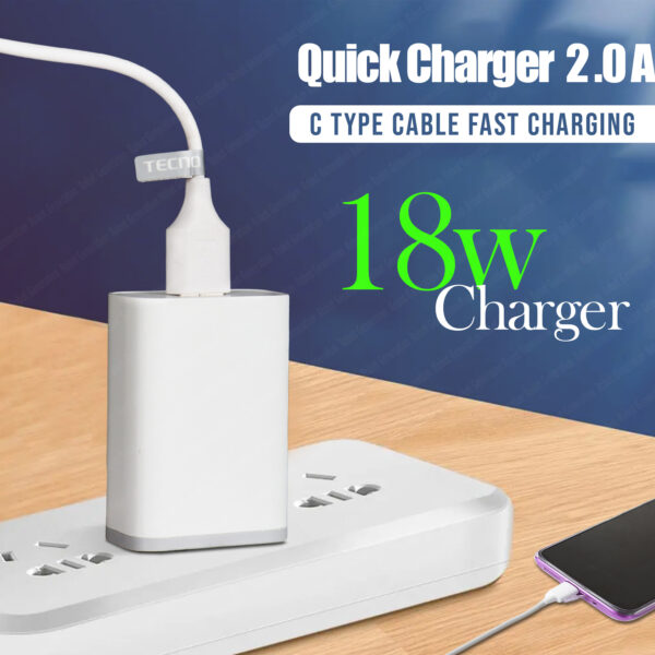 Tecno 18 W Quick Charge 2 A Wall Charger for Mobile  (White, C-Type, Cable Included) - Image 4