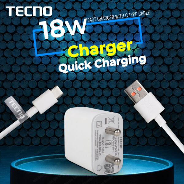Tecno 18 W Quick Charge 2 A Wall Charger for Mobile  (White, C-Type, Cable Included)