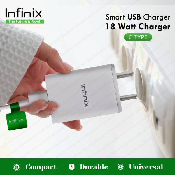 Infinix 18 W Quick Charge 2 A Wall Charger for Mobile  (White, C-Type, Cable Included) - Image 3