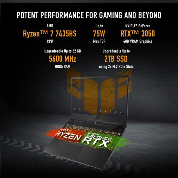 ASUS TUF Gaming A15 AMD Ryzen 7 Hexa Core 7435HS - (16 GB/512 GB SSD/Windows 11 Home/4 GB Graphics/NVIDIA GeForce RTX 3050) FA566NCR-HN075W Gaming Laptop  (15.6 inch, Black, 2.30 Kg) - Image 2