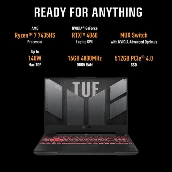 ASUS TUF Gaming A15 AMD Ryzen 7 Octa Core 7435HS - (16 GB/512 GB SSD/Windows 11 Home/8 GB Graphics/NVIDIA GeForce RTX 4060/144 Hz) FA507NVR-LP204WS Gaming Laptop  (15.6 inch, Mecha Gray, 2.2 Kg, With MS Office) - Image 2