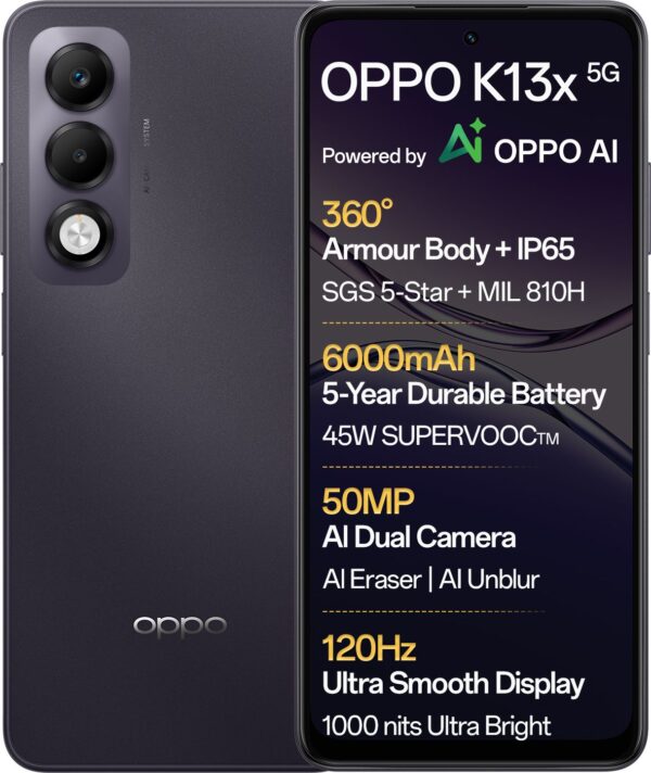 OPPO K13x 5G 6000mAh and 45W SUPERVOOC Charger & AI (Midnight Violet, 128 GB)  (8 GB RAM)