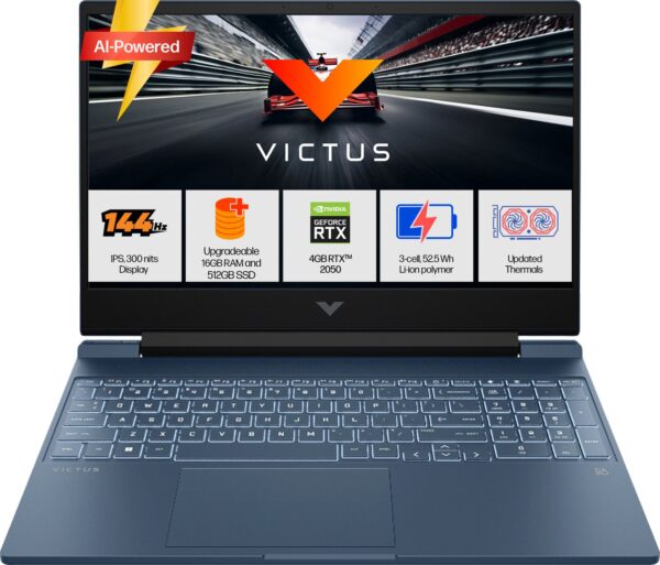 HP Victus AI 31 TOPS AMD Ryzen 5 Hexa Core 8645HS - (16 GB/512 GB SSD/Windows 11 Home/4 GB Graphics/NVIDIA GeForce RTX 2050/144 Hz) fb3003AX Gaming Laptop  (15.6 inch, Blue, 2.29 Kg, With MS Office)