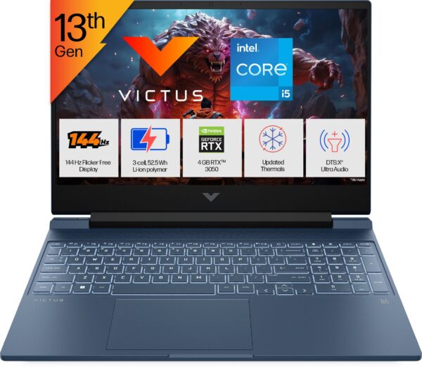 HP Victus Intel Core i5 13th Gen 13420H - (16 GB/512 GB SSD/Windows 11 Home/4 GB Graphics/NVIDIA GeForce RTX 3050) 15-fa2191TX Gaming Laptop  (15.6 Inch, Performance blue, chrome logo, 2.29 Kg, With MS Office)