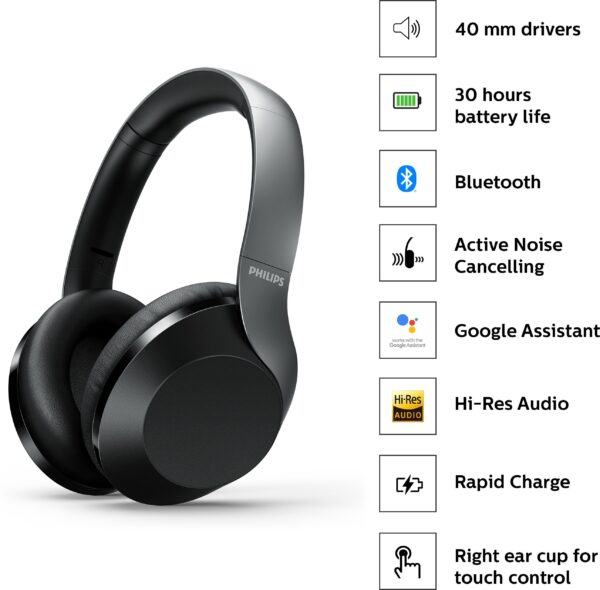PHILIPS TAPH805BK/10 Wireless Headphone with Touch Control, Active Noise Cancellation Bluetooth  (Black, On the Ear) - Image 4